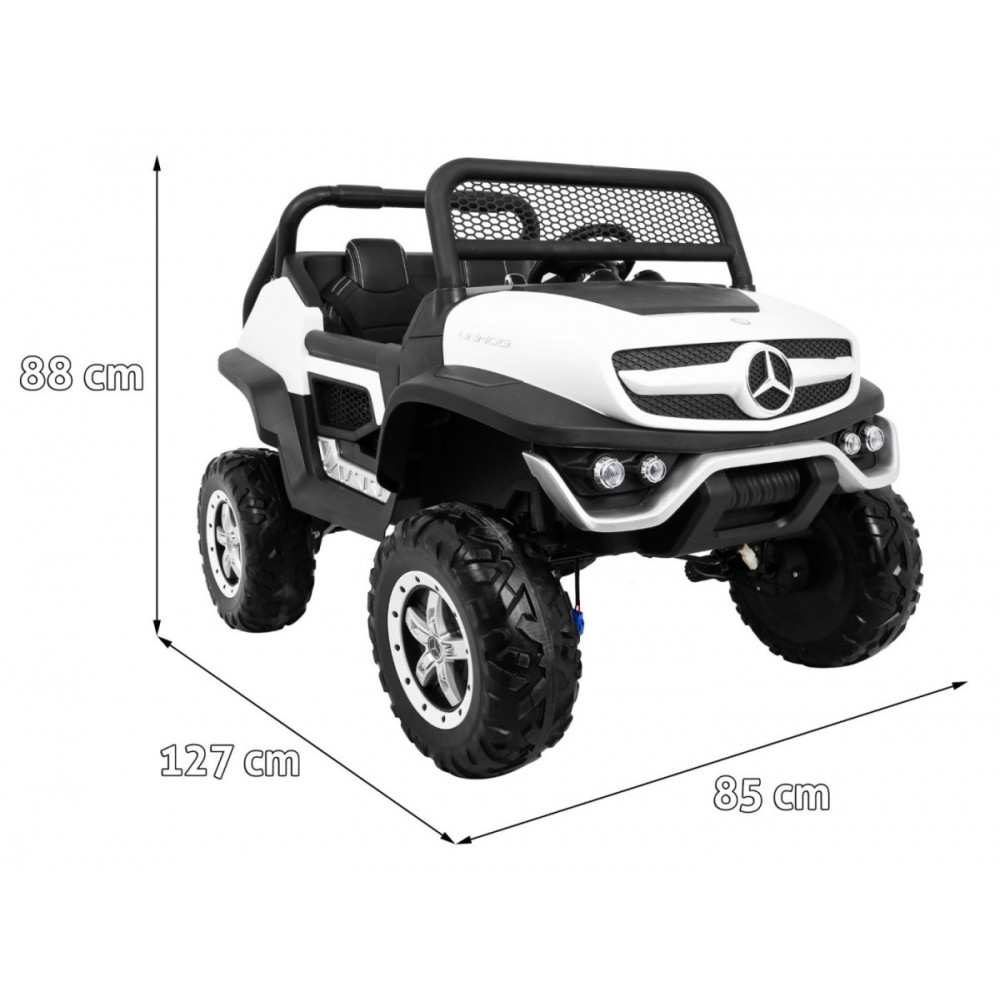 JOKO Elektrické autíčko Mercedes BENZ UNIMOG 4x4, penové kolesá, kožené sedadlo, FM rádio, biele