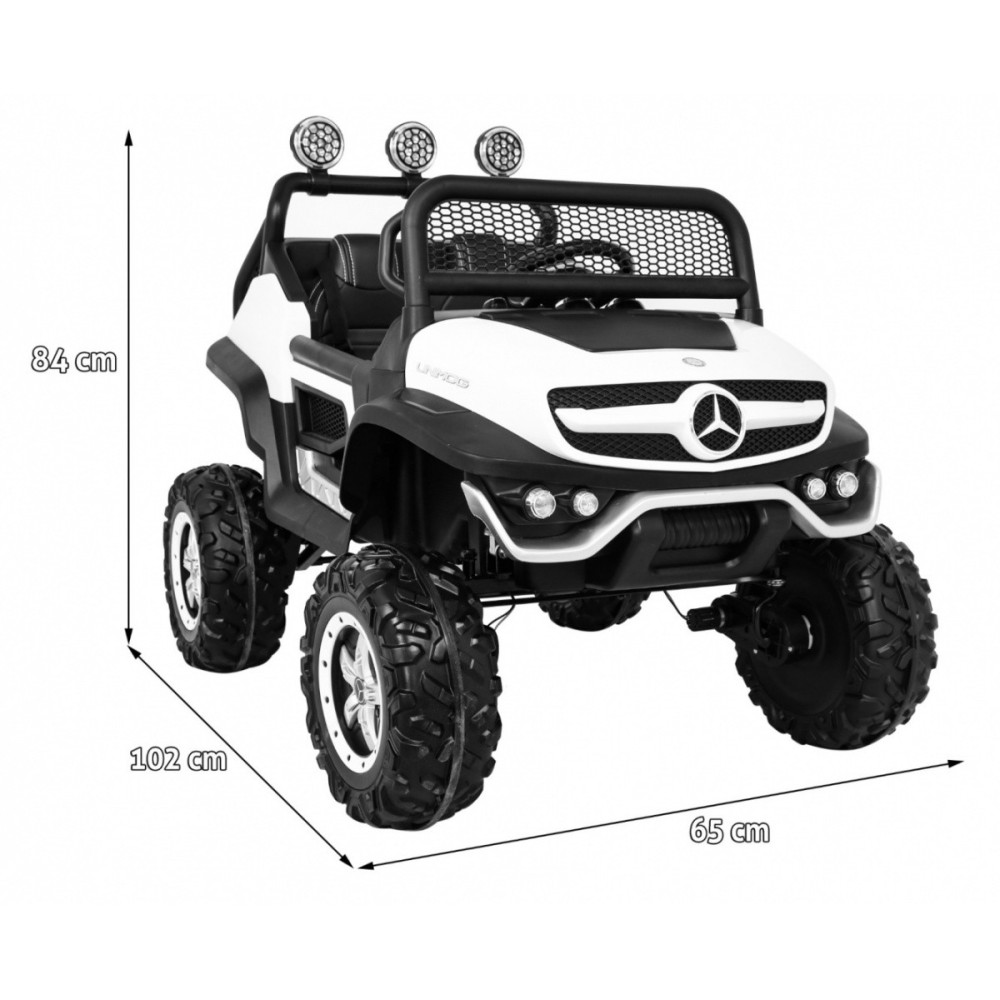 JOKO Elektrické autíčko Mercedes Benz Unimog 4x4, penové kolesá, kožené sedadlo, biele