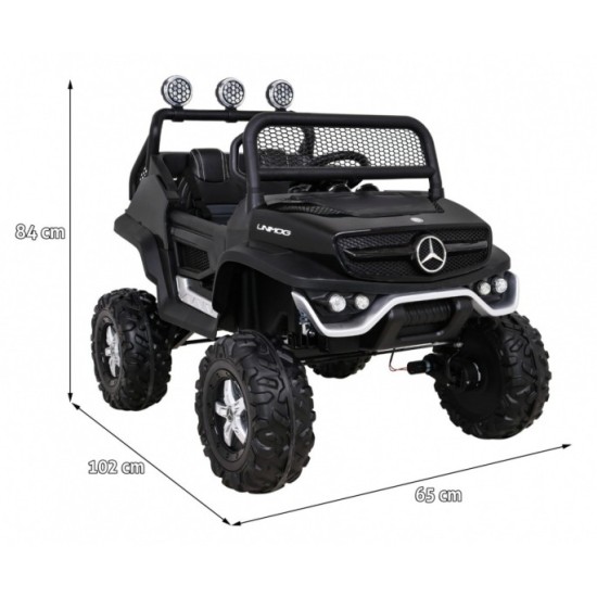 JOKO Elektrické autíčko Mercedes Benz Unimog 4x4, penové kolesá, kožené sedadlo, čierne