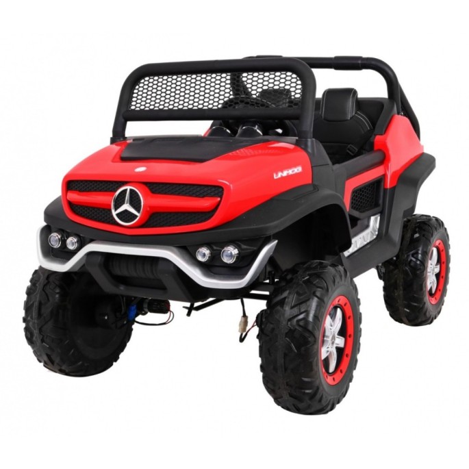 JOKO Elektrické autíčko Mercedes BENZ UNIMOG 4x4, penové kolesá, kožené sedadlo, FM rádio, červené