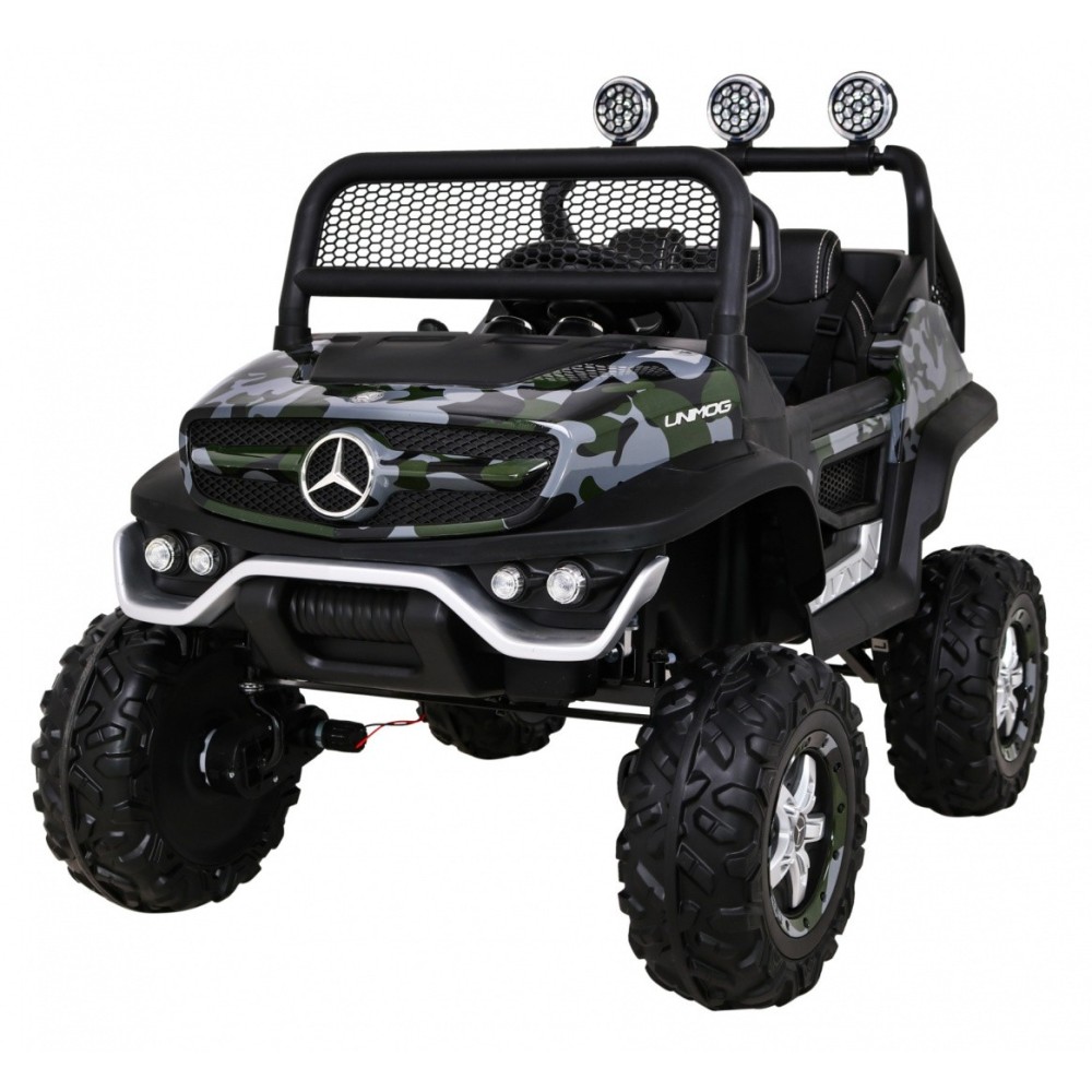 JOKO Elektrické autíčko Mercedes Benz Unimog 4x4, penové kolesá, kožené sedadlo, maskáčové