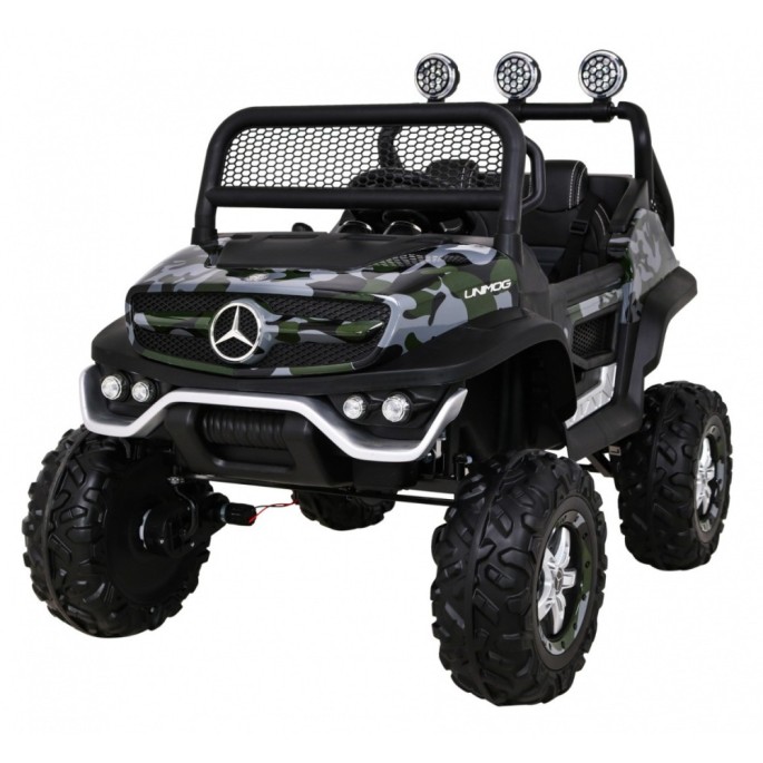 JOKO Elektrické autíčko Mercedes Benz Unimog 4x4, penové kolesá, kožené sedadlo, maskáčové