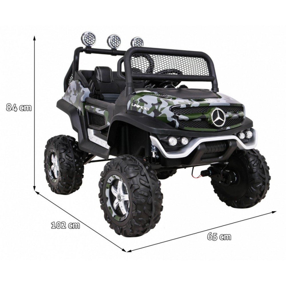 JOKO Elektrické autíčko Mercedes Benz Unimog 4x4, penové kolesá, kožené sedadlo, maskáčové