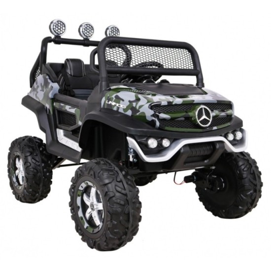 JOKO Elektrické autíčko Mercedes Benz Unimog 4x4, penové kolesá, kožené sedadlo, maskáčové