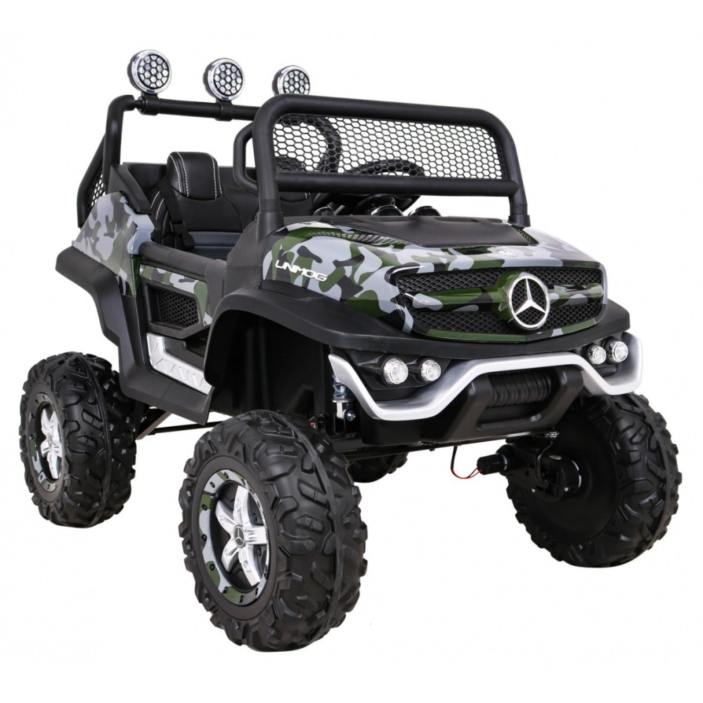 JOKO Elektrické autíčko Mercedes Benz Unimog 4x4, penové kolesá, kožené sedadlo, maskáčové