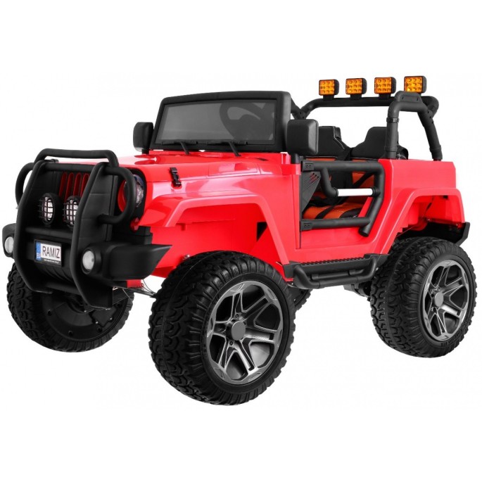 JOKO Elektrické autíčko Jeep Monster 4x4, penové kolesá, kožené sedadlo, USB, nosnosť 40kg + Batoh, červené