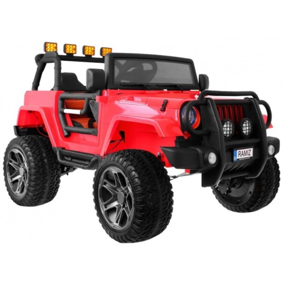 JOKO Elektrické autíčko Jeep Monster 4x4, penové kolesá, kožené sedadlo, USB, nosnosť 40kg + Batoh, červené