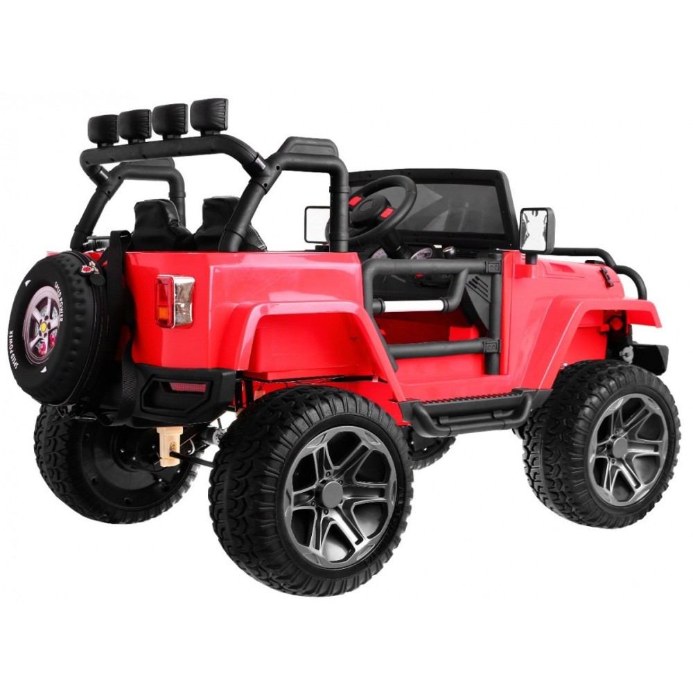 JOKO Elektrické autíčko Jeep Monster 4x4, penové kolesá, kožené sedadlo, USB, nosnosť 40kg + Batoh, červené