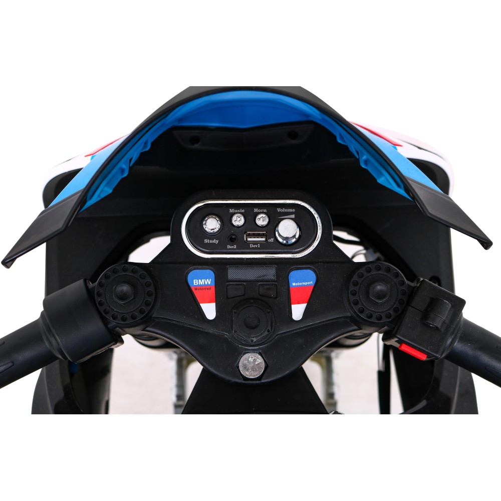 JOKO Elektrická motorka BMW HP4 121cm, penové kolesá, kožené sedadlo, modrá