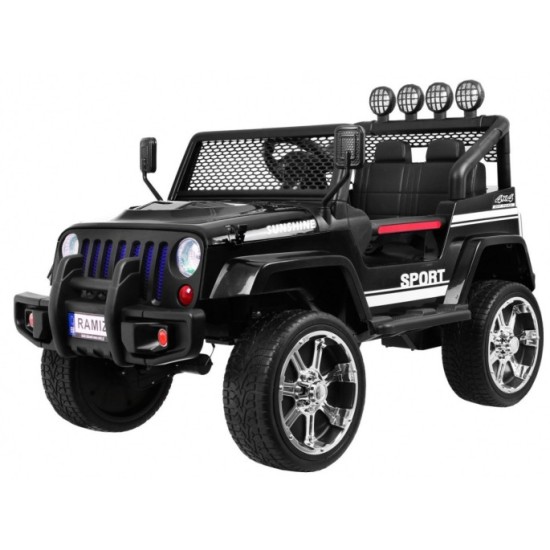 JOKO Elektrické autičko Jeep Raptor 4x4, penové kolesá, USB, FM rádio, kožené sedadlo, čierne