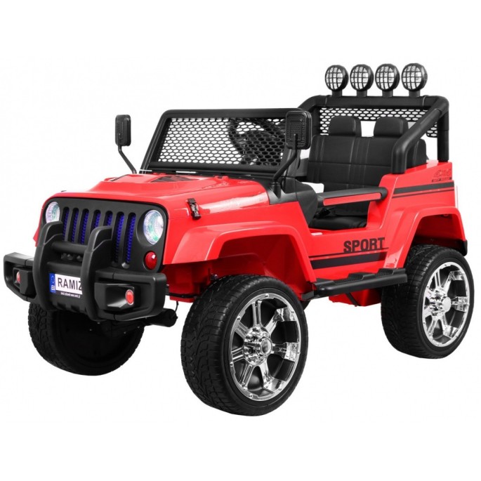 JOKO Elektrické autičko Jeep Raptor 4x4, penové kolesá, USB, FM rádio, kožené sedadlo, červené