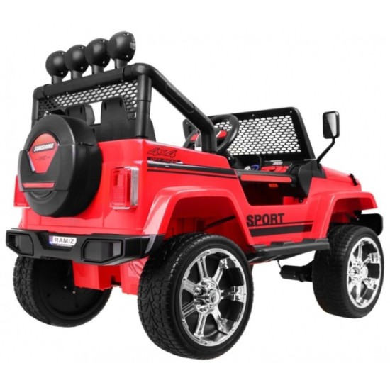 JOKO Elektrické autičko Jeep Raptor 4x4, penové kolesá, USB, FM rádio, kožené sedadlo, červené