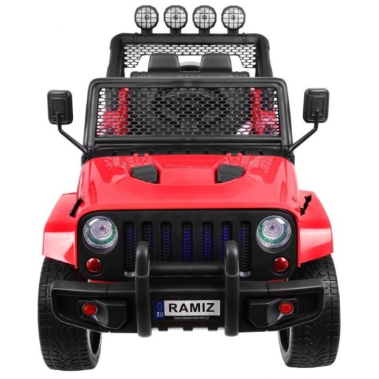 JOKO Elektrické autičko Jeep Raptor 4x4, penové kolesá, USB, FM rádio, kožené sedadlo, červené