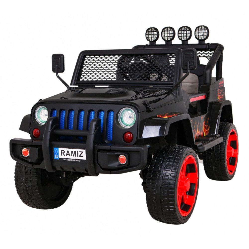 JOKO Elektrické autičko Jeep Raptor 4x4, penové kolesá, USB, FM rádio, kožené sedadlo, čierne s červenými kolesami