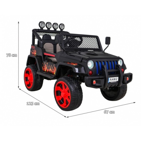 JOKO Elektrické autičko Jeep Raptor 4x4, penové kolesá, USB, FM rádio, kožené sedadlo, čierne s červenými kolesami