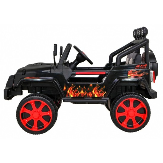 JOKO Elektrické autičko Jeep Raptor 4x4, penové kolesá, USB, FM rádio, kožené sedadlo, čierne s červenými kolesami