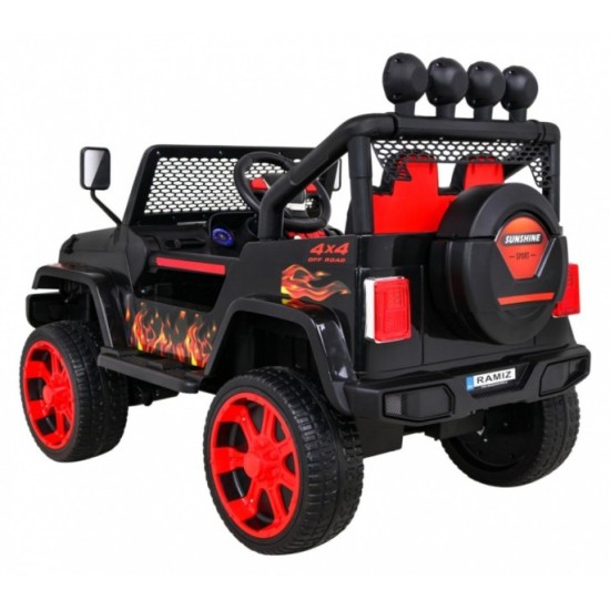 JOKO Elektrické autičko Jeep Raptor 4x4, penové kolesá, USB, FM rádio, kožené sedadlo, čierne s červenými kolesami