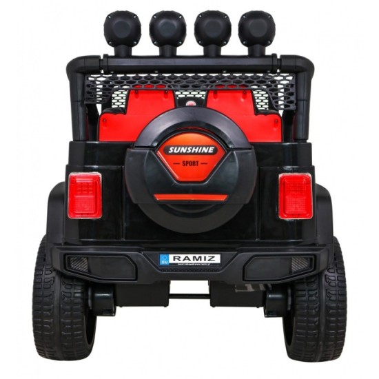JOKO Elektrické autičko Jeep Raptor 4x4, penové kolesá, USB, FM rádio, kožené sedadlo, čierne s červenými kolesami