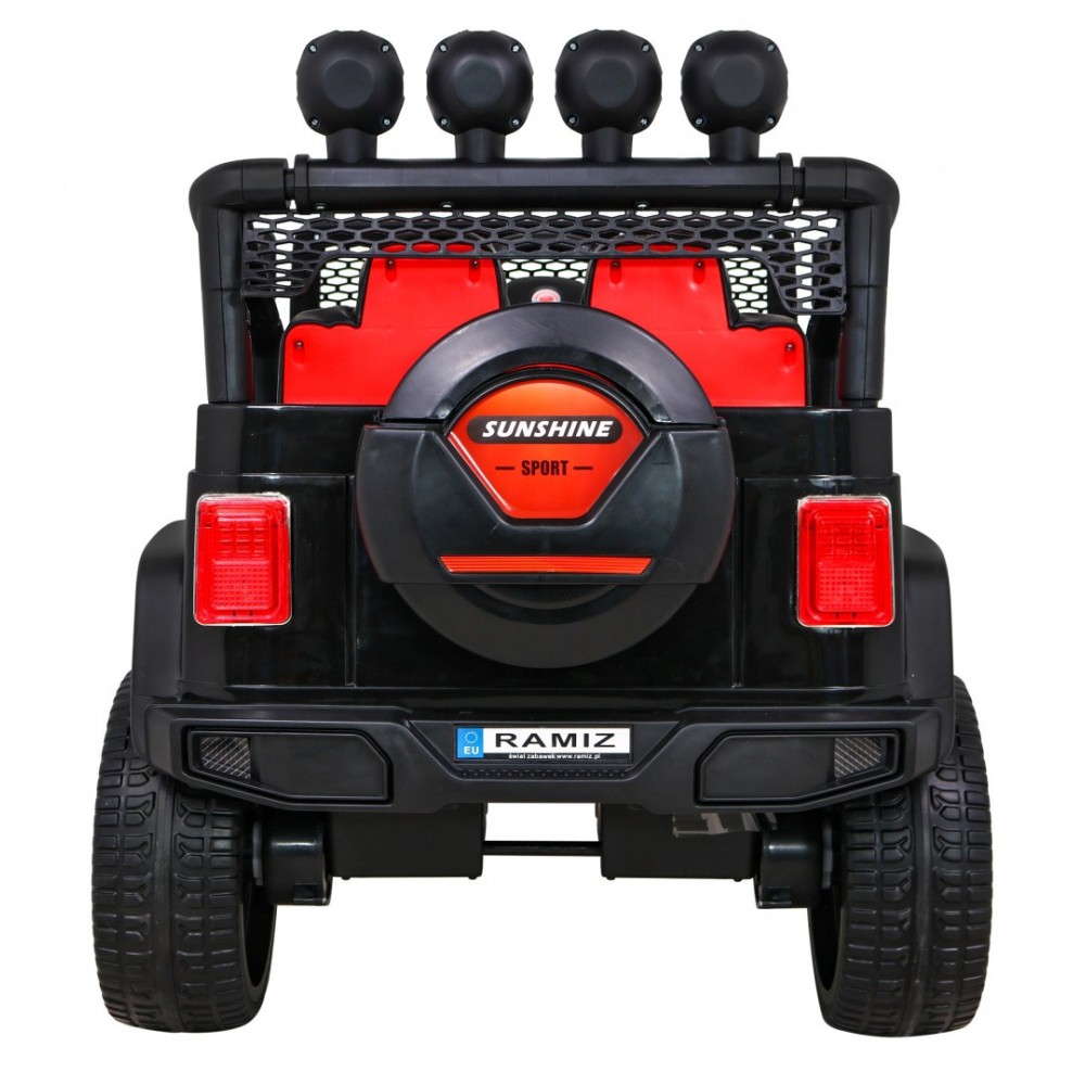 JOKO Elektrické autičko Jeep Raptor 4x4, penové kolesá, USB, FM rádio, kožené sedadlo, čierne s červenými kolesami