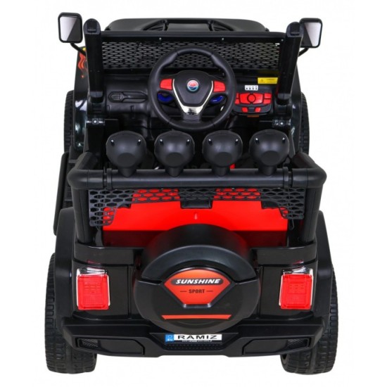 JOKO Elektrické autičko Jeep Raptor 4x4, penové kolesá, USB, FM rádio, kožené sedadlo, čierne s červenými kolesami