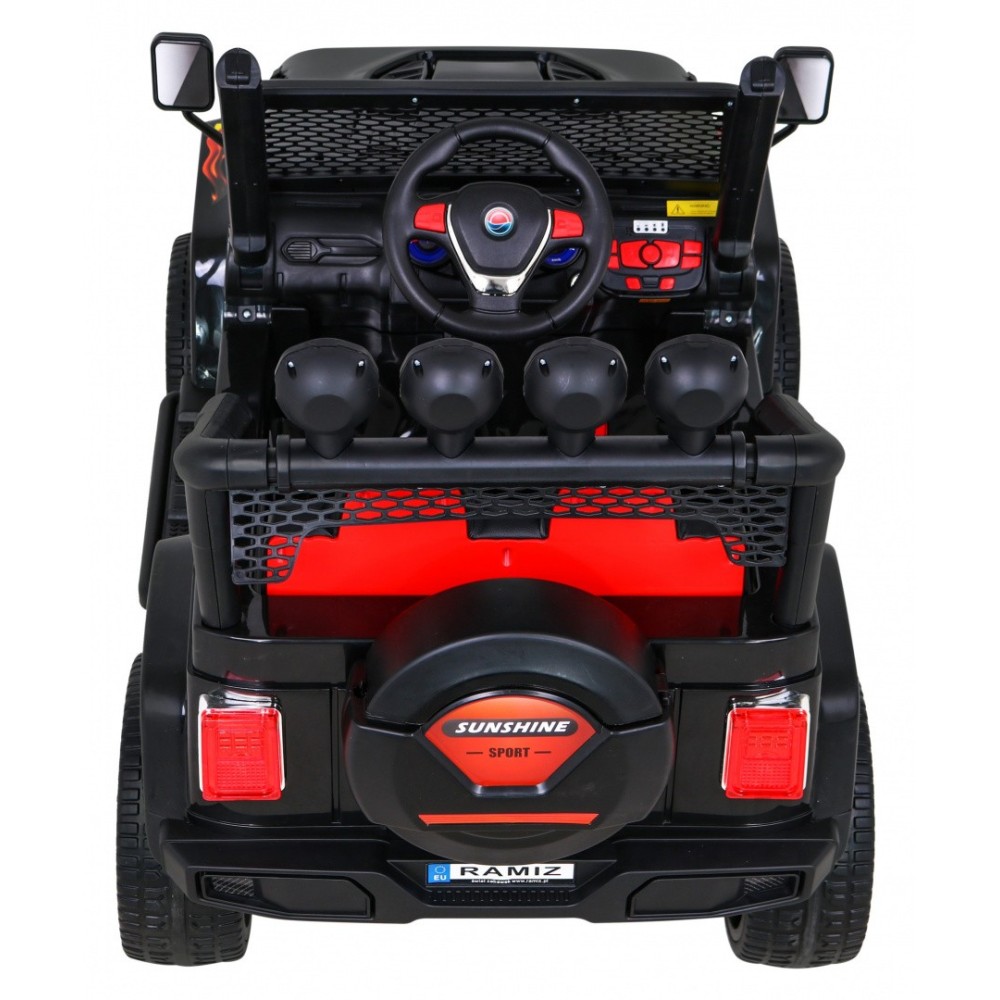 JOKO Elektrické autičko Jeep Raptor 4x4, penové kolesá, USB, FM rádio, kožené sedadlo, čierne s červenými kolesami