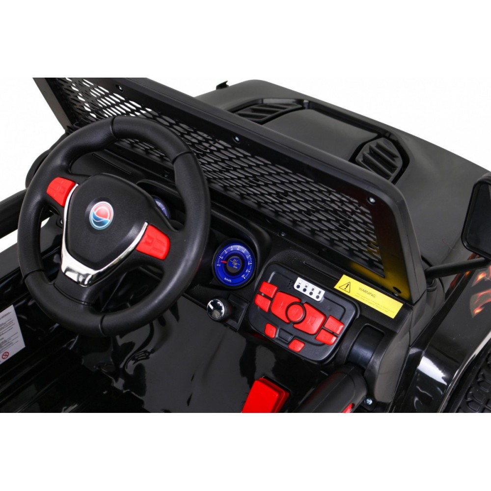 JOKO Elektrické autičko Jeep Raptor 4x4, penové kolesá, USB, FM rádio, kožené sedadlo, čierne s červenými kolesami