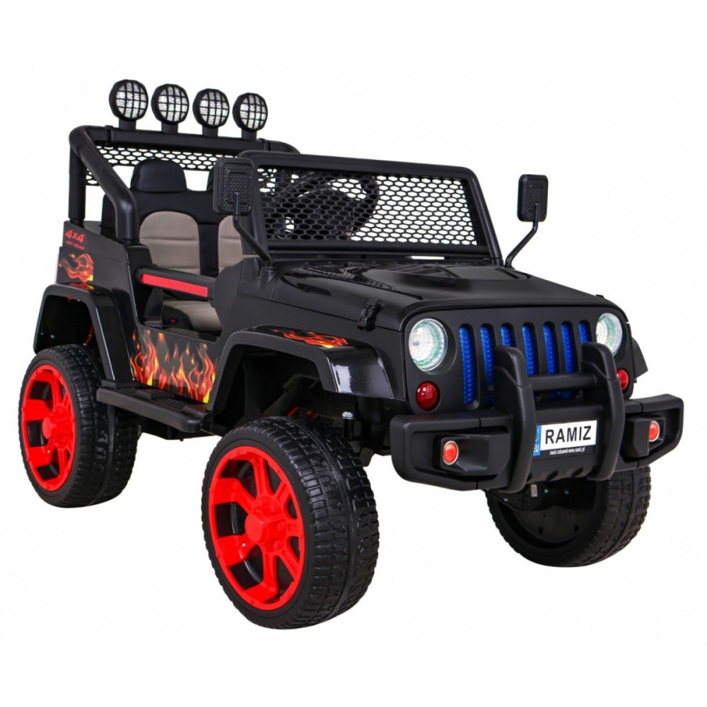 JOKO Elektrické autičko Jeep Raptor 4x4, penové kolesá, USB, FM rádio, kožené sedadlo, čierne s červenými kolesami