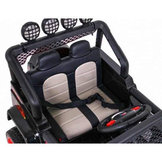 JOKO Elektrické autičko Jeep Raptor 4x4, penové kolesá, USB, FM rádio, kožené sedadlo, čierne s červenými kolesami