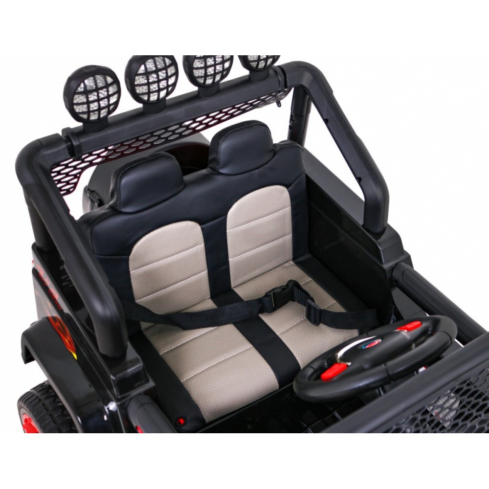 JOKO Elektrické autičko Jeep Raptor 4x4, penové kolesá, USB, FM rádio, kožené sedadlo, čierne s červenými kolesami