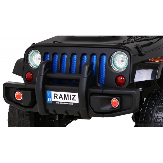 JOKO Elektrické autičko Jeep Raptor 4x4, penové kolesá, USB, FM rádio, kožené sedadlo, čierne s červenými kolesami