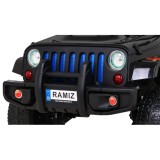 JOKO Elektrické autičko Jeep Raptor 4x4, penové kolesá, USB, FM rádio, kožené sedadlo, čierne s červenými kolesami