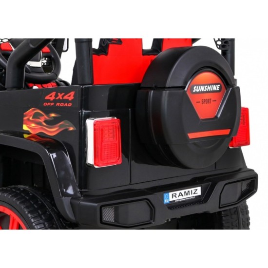JOKO Elektrické autičko Jeep Raptor 4x4, penové kolesá, USB, FM rádio, kožené sedadlo, čierne s červenými kolesami