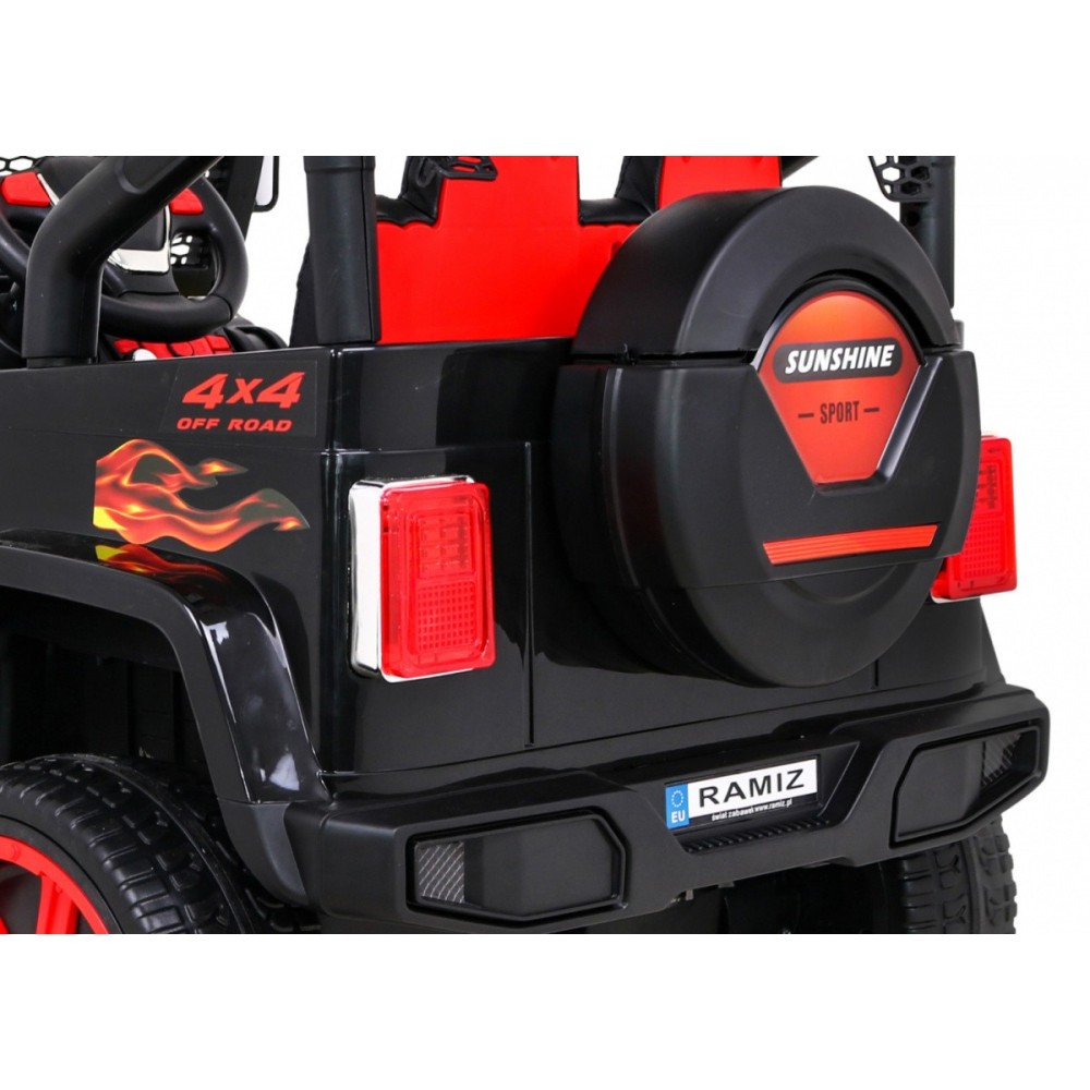 JOKO Elektrické autičko Jeep Raptor 4x4, penové kolesá, USB, FM rádio, kožené sedadlo, čierne s červenými kolesami