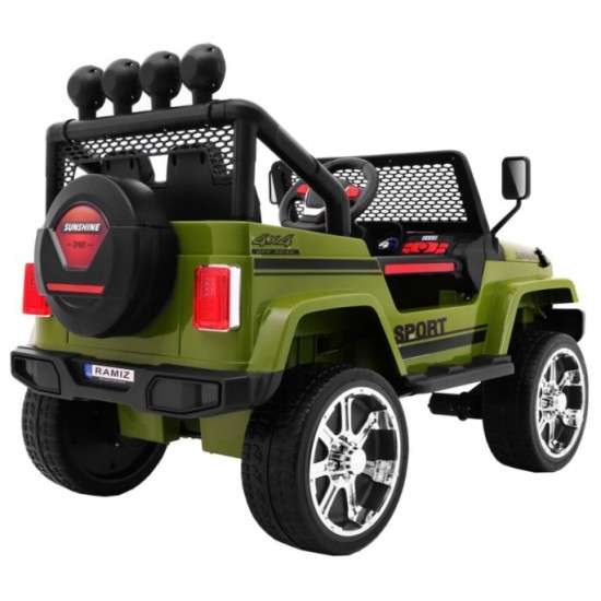 JOKO Elektrické autičko Jeep Raptor 4x4, penové kolesá, USB, FM rádio, kožené sedadlo, zelené