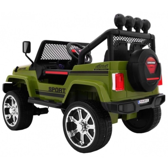 JOKO Elektrické autičko Jeep Raptor 4x4, penové kolesá, USB, FM rádio, kožené sedadlo, zelené