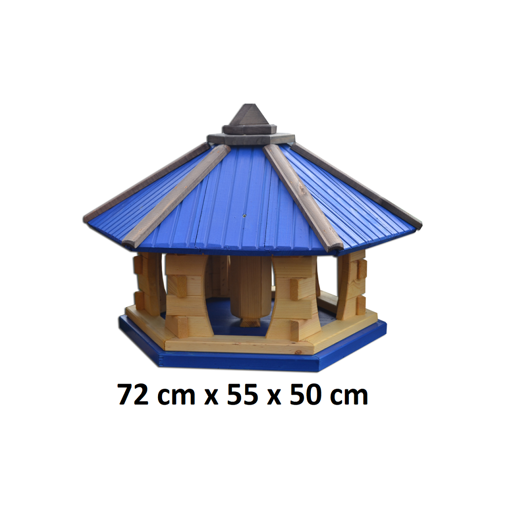 MKSTOR Drevené kŕmitko pre vtáky 72cmx55x50cm, vtáčia búdka so zásobníkom jedla, modrá