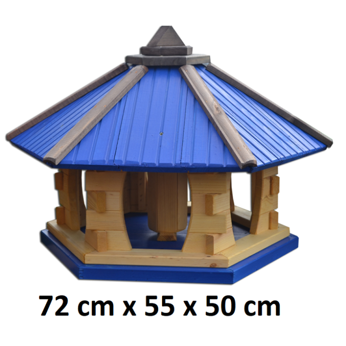 MKSTOR Drevené kŕmitko pre vtáky 72cmx55x50cm, vtáčia búdka so zásobníkom jedla, modrá