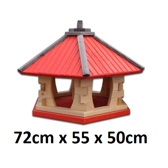 MKSTOR Drevené kŕmitko pre vtáky 72cmx55x50cm, vtáčia búdka so zásobníkom jedla, červená