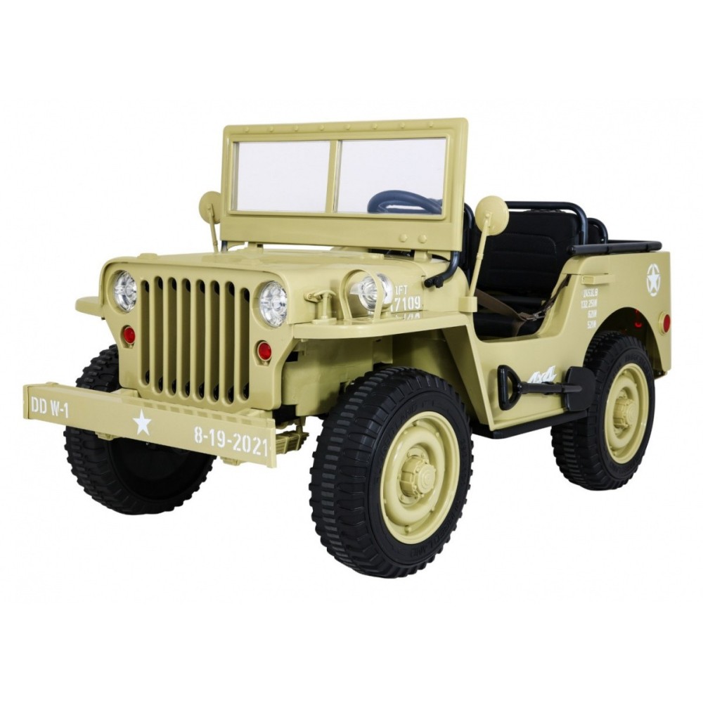 JOKO Elektrické autíčko Retro Vojenský Jeep 4x4, 3 miestny, 4x90W, 24V, kožené sedadlo, penové kolesá, nosnosť 60kg, béžové