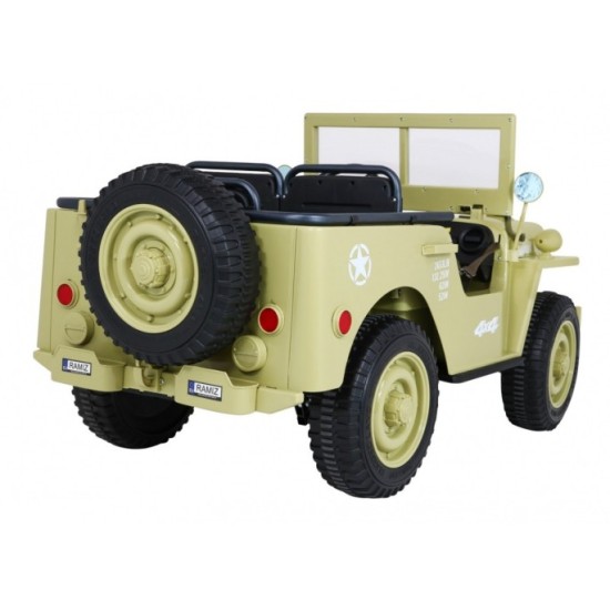 JOKO Elektrické autíčko Retro Vojenský Jeep 4x4, 3 miestny, 4x90W, 24V, kožené sedadlo, penové kolesá, nosnosť 60kg, béžové