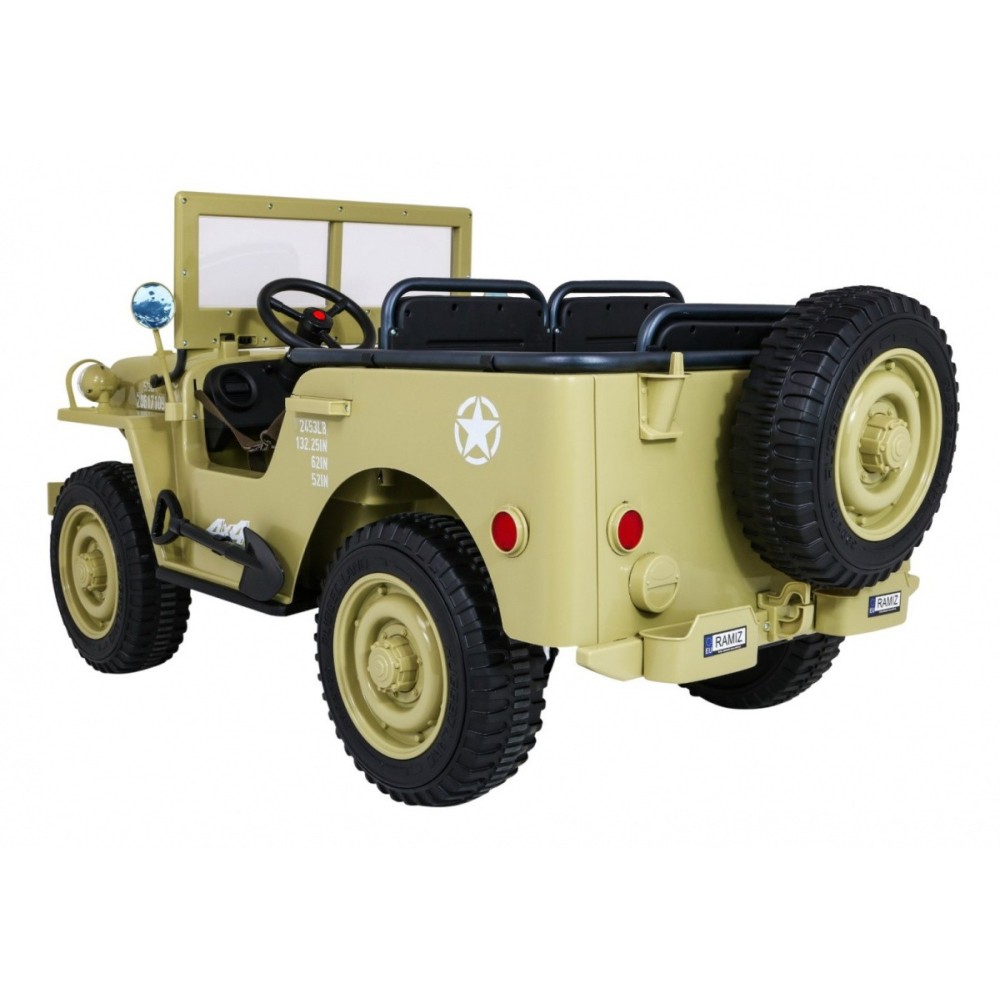 JOKO Elektrické autíčko Retro Vojenský Jeep 4x4, 3 miestny, 4x90W, 24V, kožené sedadlo, penové kolesá, nosnosť 60kg, béžové