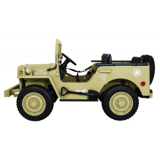 JOKO Elektrické autíčko Retro Vojenský Jeep 4x4, 3 miestny, 4x90W, 24V, kožené sedadlo, penové kolesá, nosnosť 60kg, béžové