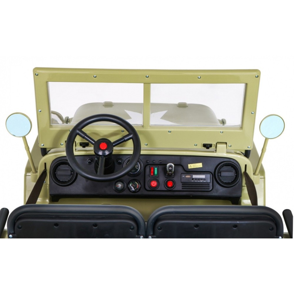 JOKO Elektrické autíčko Retro Vojenský Jeep 4x4, 3 miestny, 4x90W, 24V, kožené sedadlo, penové kolesá, nosnosť 60kg, béžové