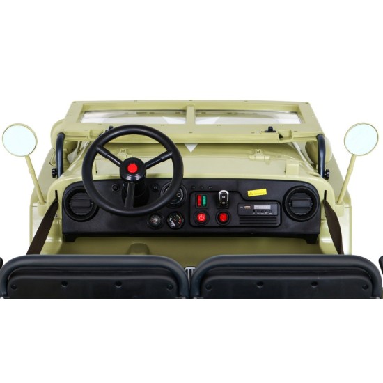 JOKO Elektrické autíčko Retro Vojenský Jeep 4x4, 3 miestny, 4x90W, 24V, kožené sedadlo, penové kolesá, nosnosť 60kg, béžové