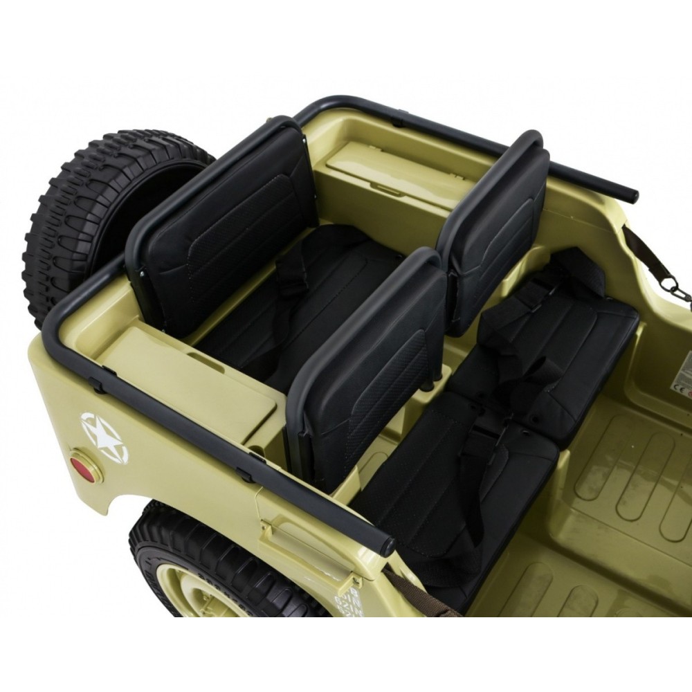 JOKO Elektrické autíčko Retro Vojenský Jeep 4x4, 3 miestny, 4x90W, 24V, kožené sedadlo, penové kolesá, nosnosť 60kg, béžové