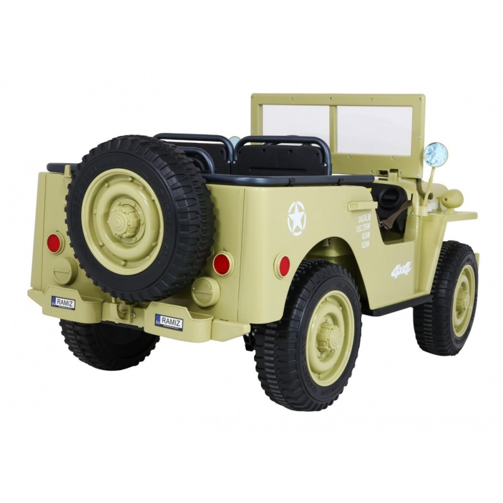 JOKO Elektrické autíčko Retro Vojenský Jeep 4x4, 3 miestny, nosnosť 60kg, kožené sedadlo, penové kolesá, béžové