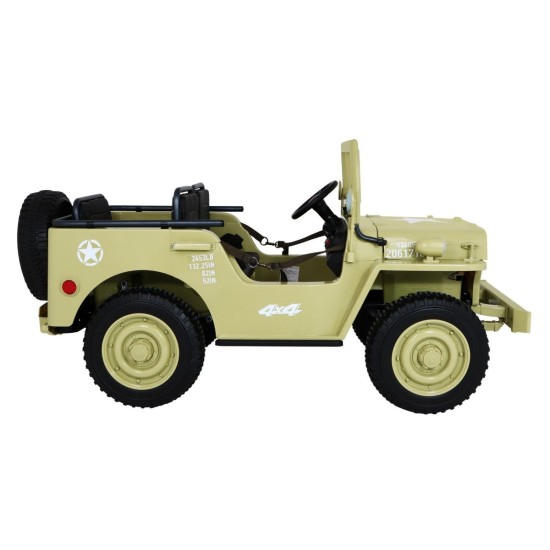 JOKO Elektrické autíčko Retro Vojenský Jeep 4x4, 3 miestny, nosnosť 60kg, kožené sedadlo, penové kolesá, béžové