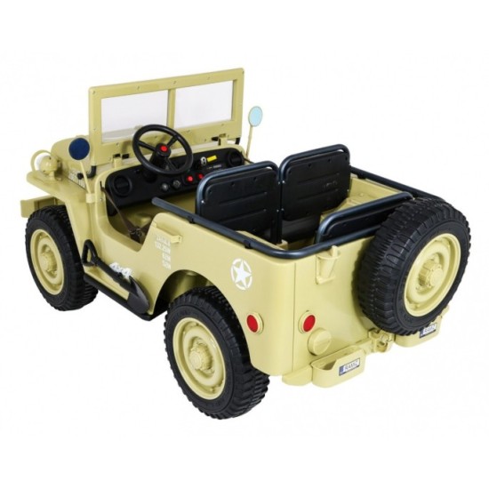 JOKO Elektrické autíčko Retro Vojenský Jeep 4x4, 3 miestny, nosnosť 60kg, kožené sedadlo, penové kolesá, béžové
