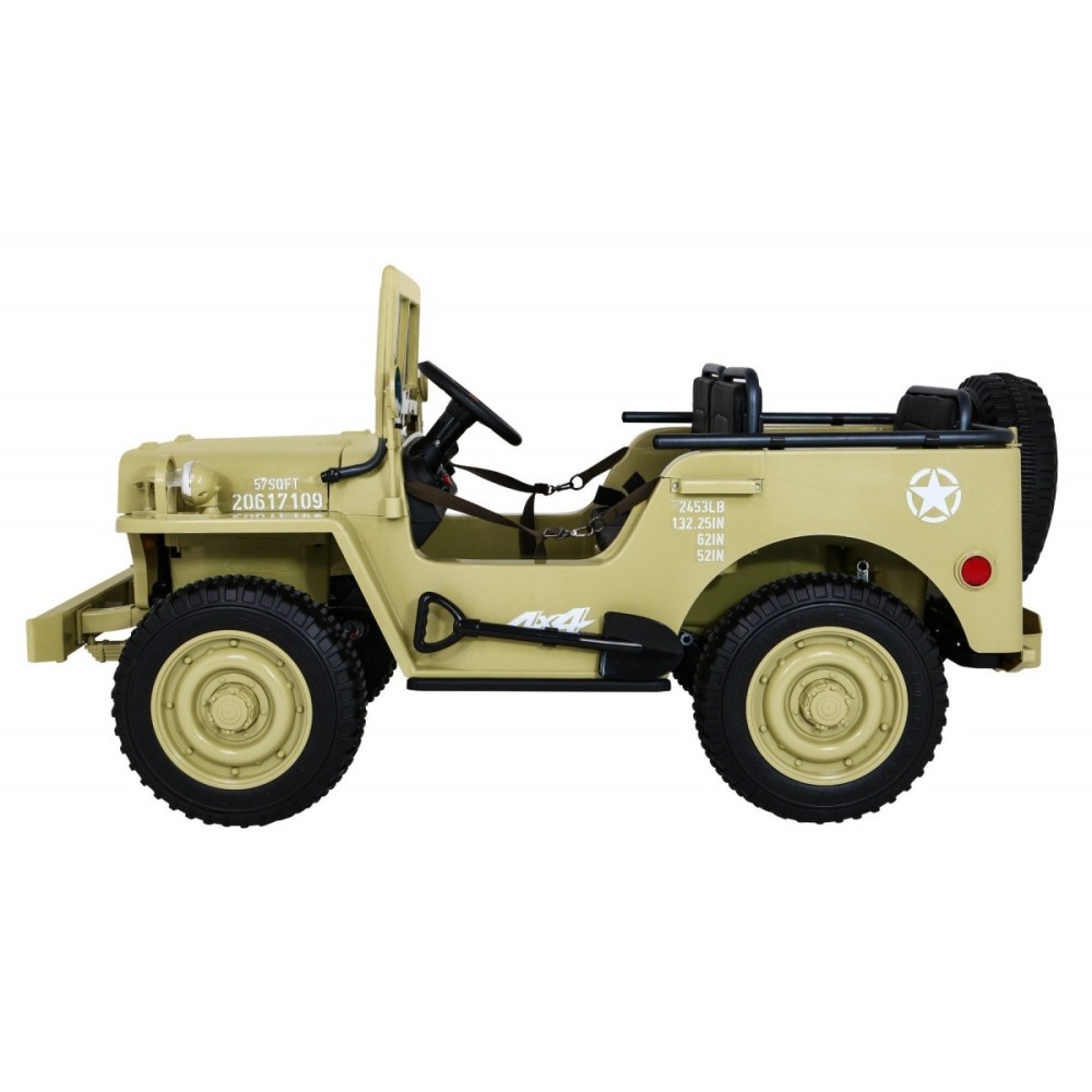 JOKO Elektrické autíčko Retro Vojenský Jeep 4x4, 3 miestny, nosnosť 60kg, kožené sedadlo, penové kolesá, béžové