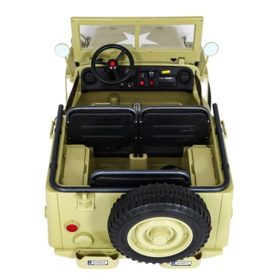 JOKO Elektrické autíčko Retro Vojenský Jeep 4x4, 3 miestny, nosnosť 60kg, kožené sedadlo, penové kolesá, béžové